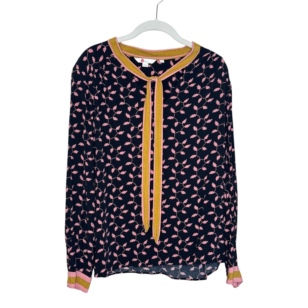 Boden Blouse Womens 10 Blue Pink Floral Tie Neck Long Sleeve Print Boho Top